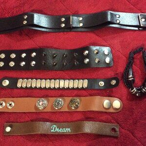 Lot of 6 Vintage Leather & Vinyl Punk Gothic-Style Wristbands/Bracelets & Collar